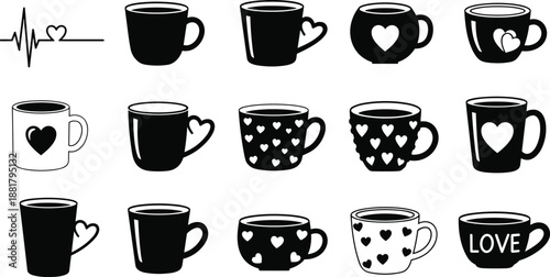 Large collection of black coffee cup silhouettes featuring various heart patterns and romantic handle designs for cafe branding valentines day kitchenware and hot beverage concept