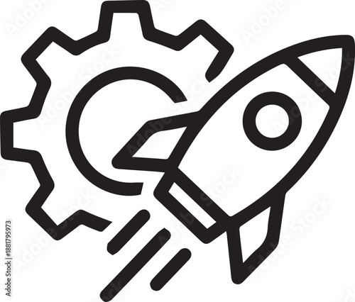 Black line icon of rocket ship with gear and speed lines