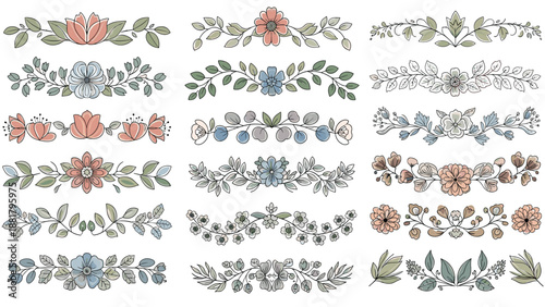 Large collection of colorful hand-drawn floral borders and decorative dividers featuring various flowers and intricate leaf patterns.