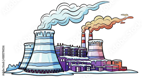 Industrial power plant with cooling towers and smoke in winter  