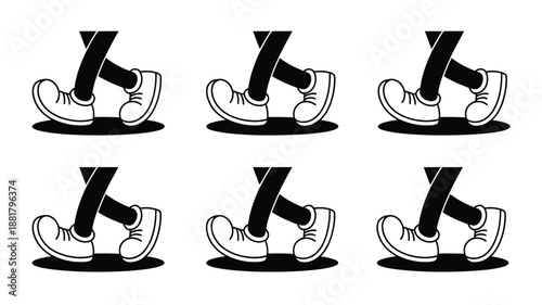 Cartoon legs in white sneakers and black pants walking in unison feet shoes