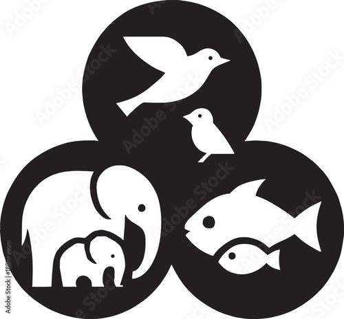 Canvas Print Illustration showing animals from three different groups including birds elephan