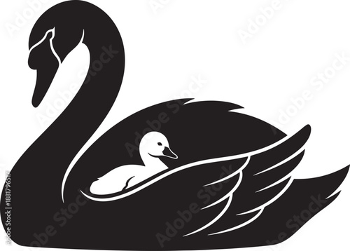 Canvas Print Swan with cygnet silhouette illustration mother and baby aquatic bird black vect
