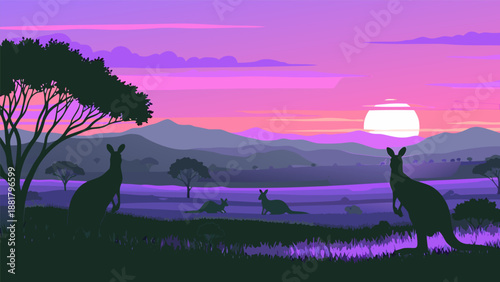 Vibrant Australian Sunset Vector Illustration featuring Silhouettes of Kangaroos in a Serene Landscape