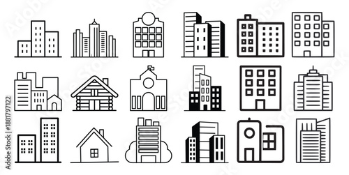 Collection of simple black and white line building including skyscrapers houses and a school
