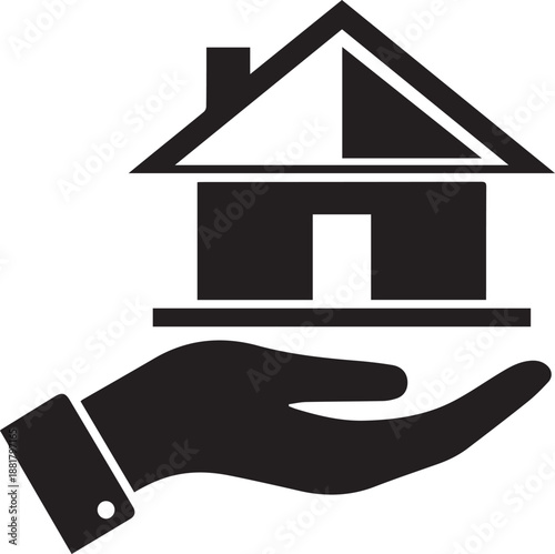 Hand holding house icon, real estate and protection symbol