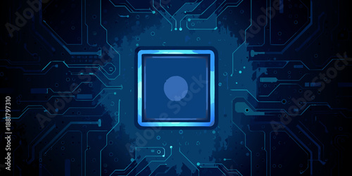 Abstract digital circuit board with a glowing central processing unit