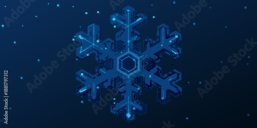 A glowing geometric snowflake illustration against a dark blue starry background