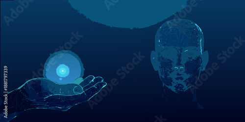 A digital illustration depicts a head and a glowing orb in a hand