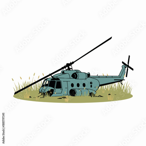 Crashed military transport helicopter vector illustration. Flat design graphic of a downed aircraft in a field. Wreckage and aviation accident concept. Isolated on white background