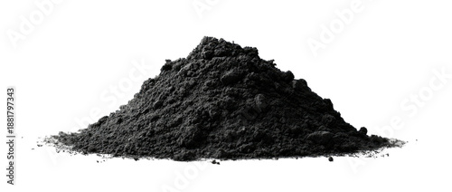 A grayscale macro photograph features a pile of fine granular material against a stark black background