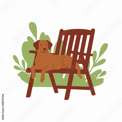 Dog lounging on a wooden garden chair. Flat design vector illustration of a pet in a backyard. Brown dog lying on furniture with green foliage. Isolated graphic element
