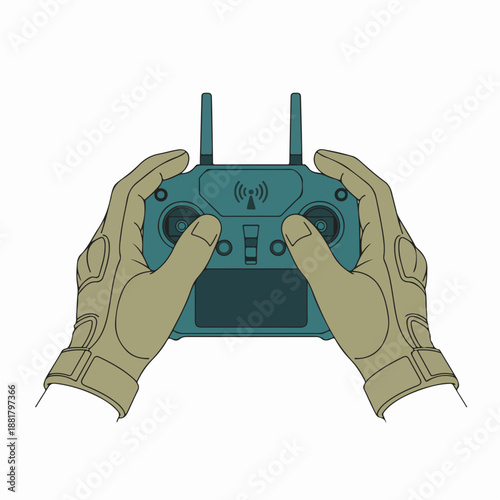 Drone pilot hands holding remote controller with tactical gloves. Flat design vector illustration. UAV operator and surveillance concept isolated on white background
