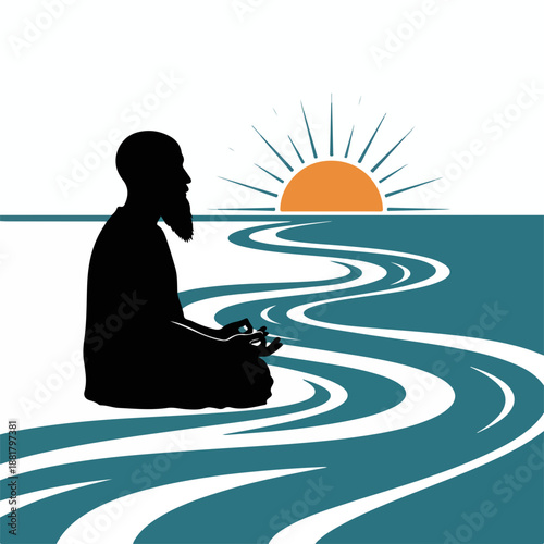 Elderly man meditating near a river. Silhouette of a person in lotus pose at sunrise. Minimalist flat design vector illustration of mindfulness and wellness concept