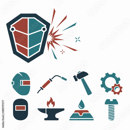 Welding and metalwork flat icon set. Industrial fabrication and blacksmith tool symbols. Vector graphics for manufacturing and repair services