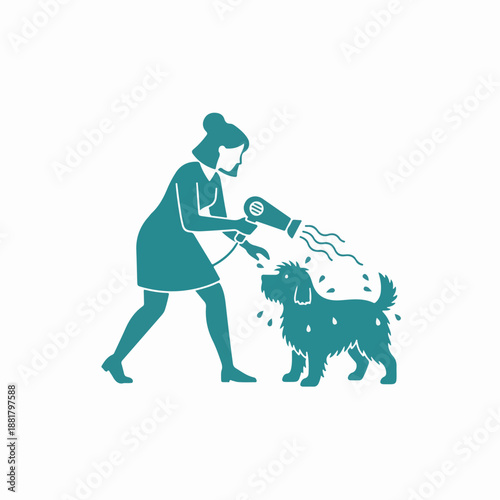 Woman drying a dog with a hairdryer. Pet grooming service concept. Flat vector illustration icon