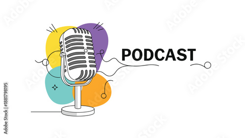 Podcast and broadcast media concept with a classic studio microphone over vibrant colorful shapes in a minimalist style.