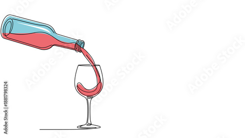 Wine service and elegant dining concept showing a bottle of wine pouring red liquid into a glass with simple line art.
