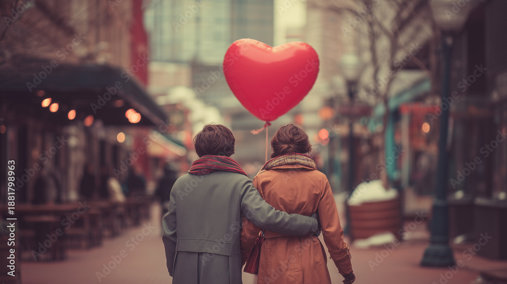 Obraz premium a young couple in love walks down a city street, holding hands and embracing each other. they are surrounded by a red heart-shaped balloon, symbolizing the romantic mood of valentine's day
