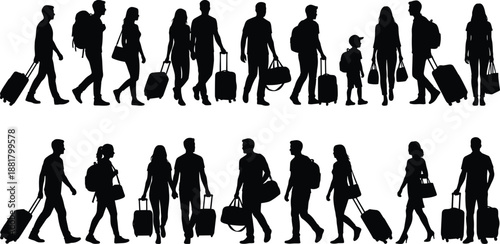 Traveler silhouettes collection, men women and child walking with luggage suitcases, airport journey concept, tourism travel people isolated white background