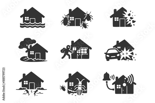 Home insurance disaster icon set showing flood, earthquake cracks, burglary, car crash, explosion damage, falling tree, pests and alarm siren. Property risk symbols.