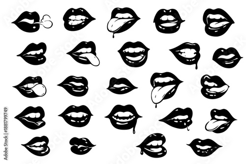 Black lips and mouth icon collection with kisses, smiles, biting, tongue out, dripping gloss and bubblegum shapes. Bold pop art silhouettes for beauty, fashion, romance and stickers.