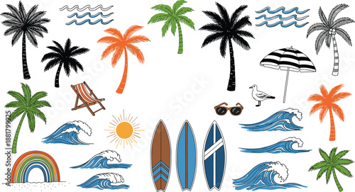 Colorful summer beach vector set with palm trees, ocean waves, surfboards, umbrella, rainbow and sun icons. Perfect for tropical travel posters, vacation branding, stickers and social media graphics.