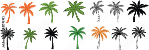 Hand drawn palm tree vector set in multiple colors including green, orange and black. Perfect for summer designs, tropical branding, travel posters, island themes, stickers and social media graphics.