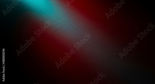Contrasting red and cyan abstract light blend, dark grainy black background. Futuristic dynamic poster header cover wallpaper design. Red and teal gradient with noise texture.