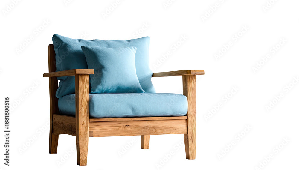 Fototapeta premium Wooden armchair with blue cushions set against a black backdrop