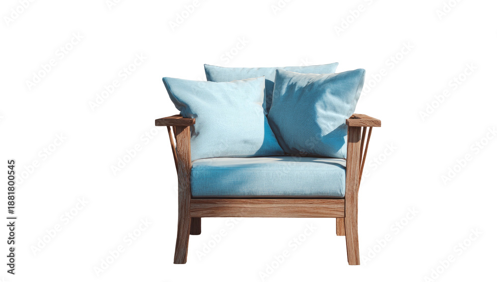 Fototapeta premium A wooden armchair with light blue cushions against a black backdrop, lit by sunlight
