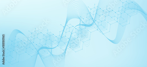 Health care or medical abstract background with hexagons, lines and dots. Scientific innovation banner template concept. Biology and pharmaceutical technology background. Vector illustration.