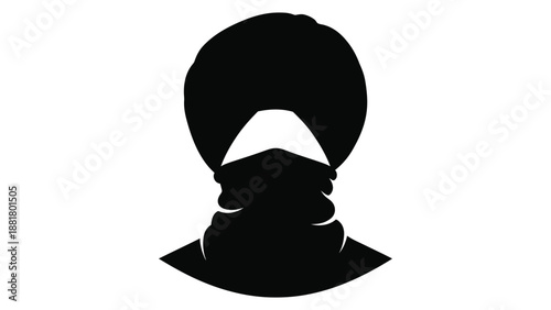 a silhouette of a person wearing a turban and face mask depicted in black and white