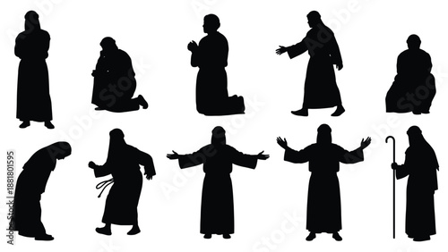 black silhouettes of various monks in different poses showing prayer walking and contemplation