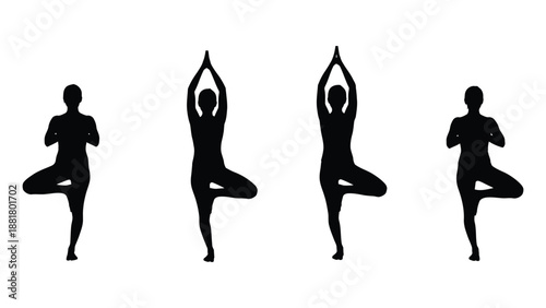 silhouette figures demonstrating tree pose yoga positions in a sequence isolated on a white background