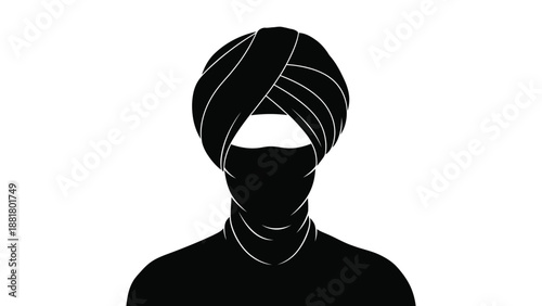 a black and white silhouette depicting a man wearing a traditional sikh turban headwear
