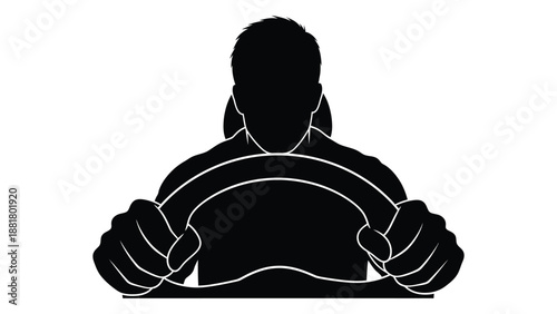 a silhouette of a person driving a car hands gripping the steering wheel in a black and white design