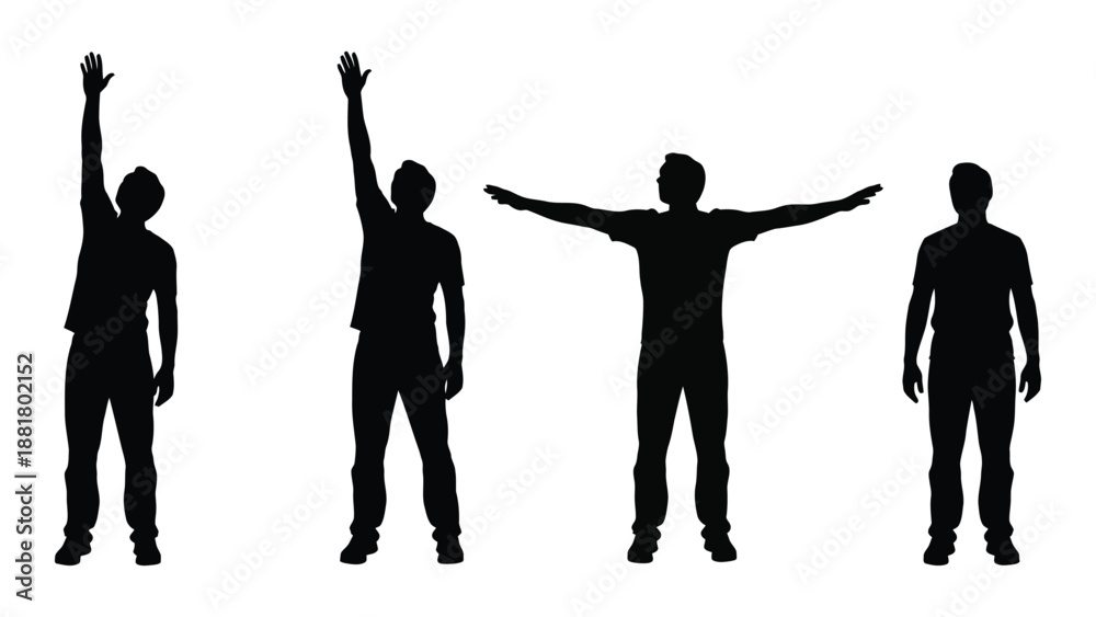Fototapeta premium silhouette figures of people standing and raising arms in various poses against a white background