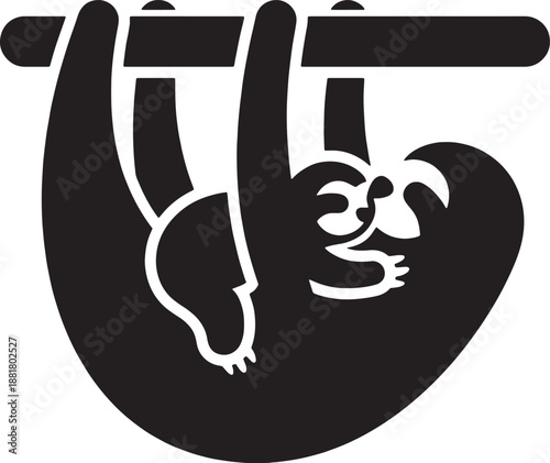 Black silhouette of happy sloth hanging upside down from tree branch vector