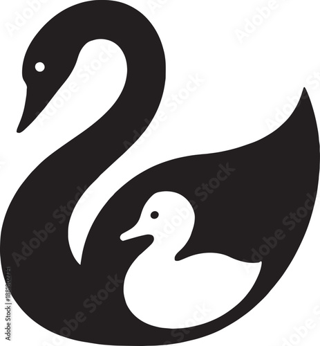Elegant swan with cygnet bird silhouette design featuring parent and offspring in profile