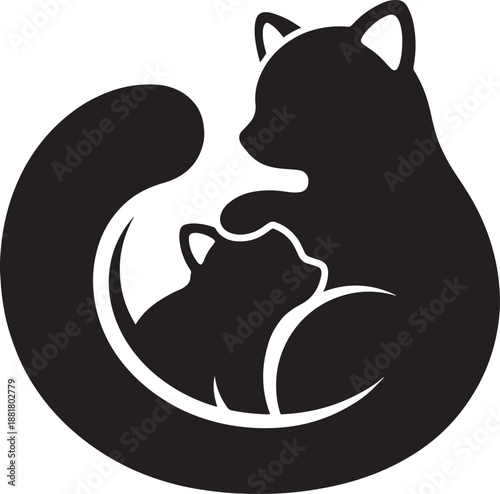Slika na platnu Cat silhouette with kitten inside curved tail design illustrating motherly love