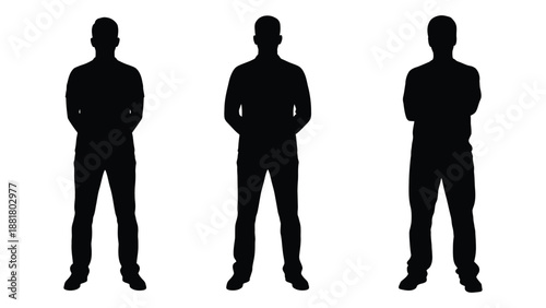 three silhouetted male figures standing in a row against a white background