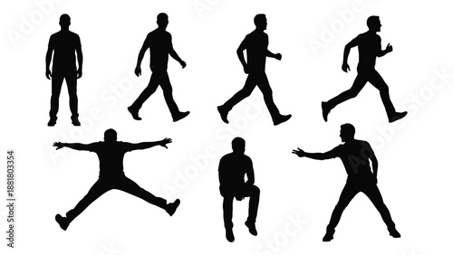silhouette figures depicting various human poses and actions including walking running and jumping