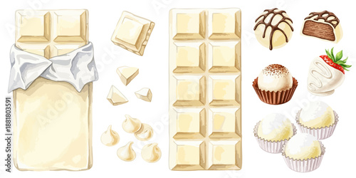 ホワイトチョコレートのイラスト素材セット 甘いスイーツコレクション｜ホワイトチョコ,トリュフ,板チョコ,苺チョコ