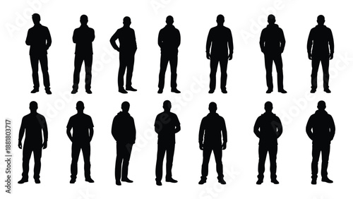 a collection of silhouette figures depicting various male body shapes and poses in black