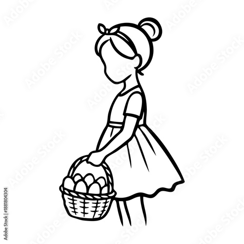 Dibujo sencillo de una niña de pie sosteniendo en la mano una cesta llena de huevos de pascua, buscando dulces