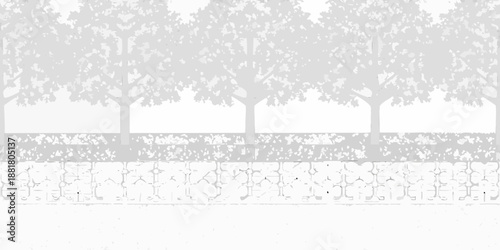 a grayscale image depicting a line of trees above a stone wall and a lower hedge