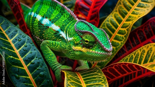 A chameleon blending into colorful tropical leaves, extreme macro detail, vibrant textures, sharp focus, artistic nature photography.