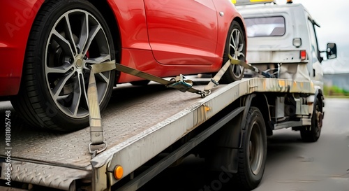 Red sports car being loaded onto a tow truck flatbed with straps. Vehicle breakdown assistance and transport concept.