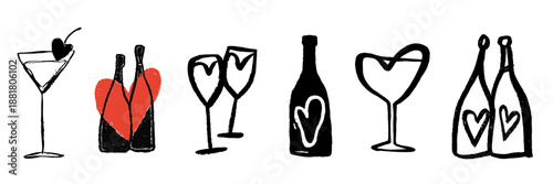 Hand drawn valentine drinks and cocktails with champagne bottles for romantic dates and celebrations